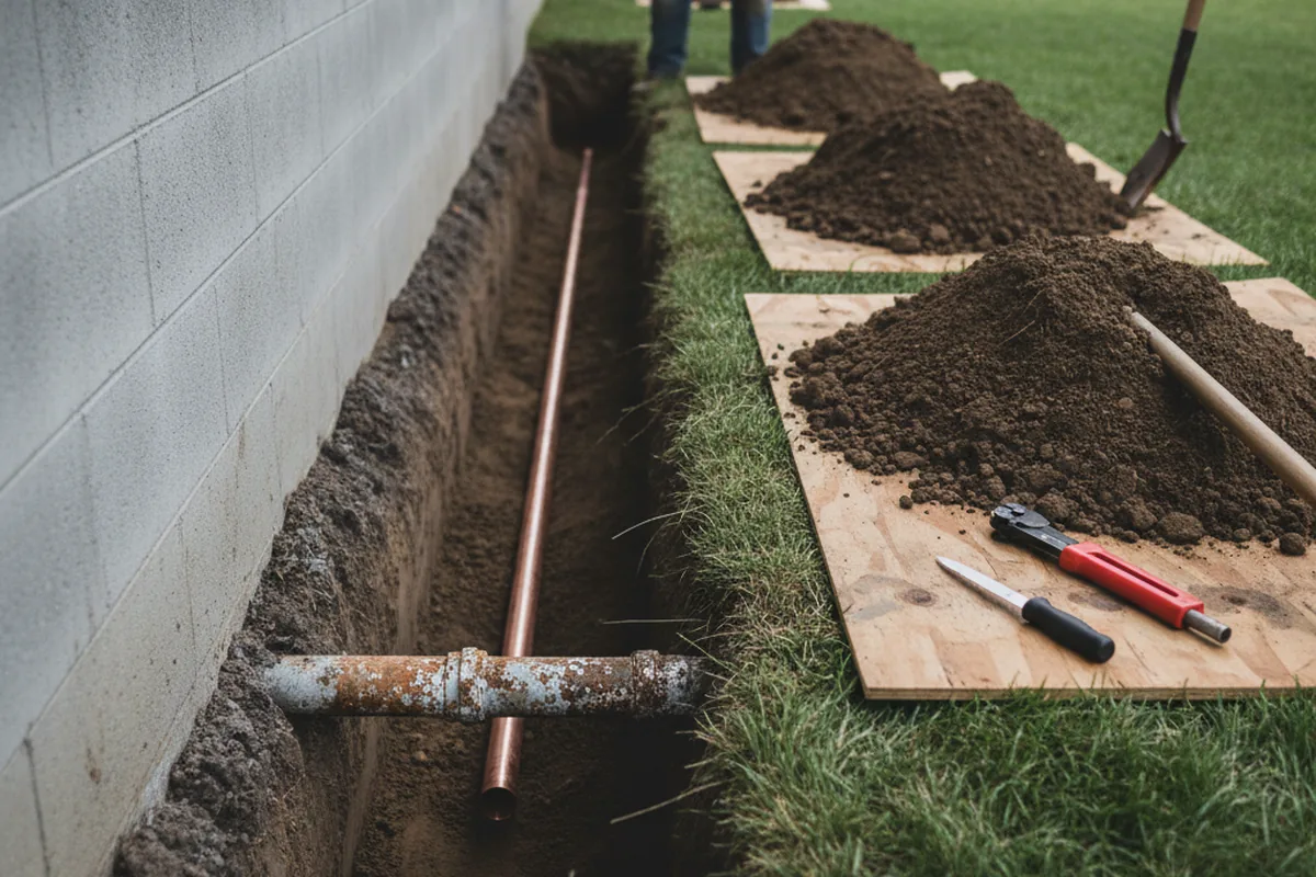 Excavated water line trench during Sewer Line Repair in Abell